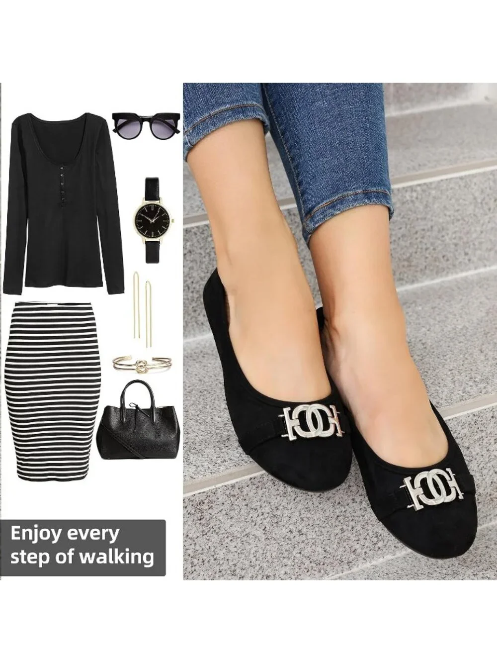 Women's Black Micro Fiber Comfortable Round Toe Flat Slip on Casual Dressy Shoes